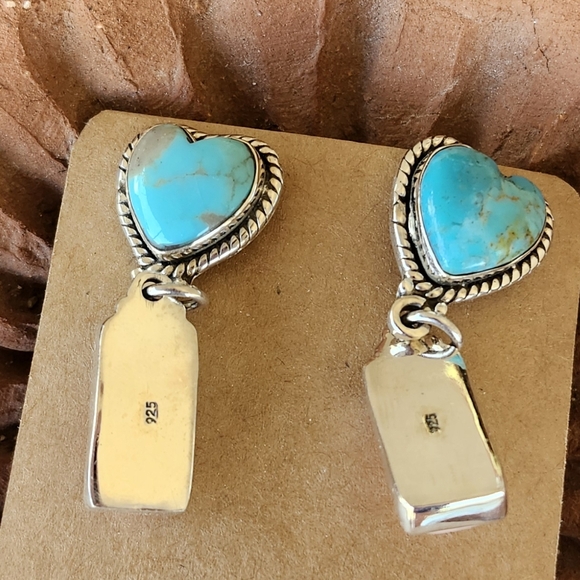 Native American Sterling Silver Turquoise Pink Conch Heart Dangle Slab Earrings - Picture 4 of 6